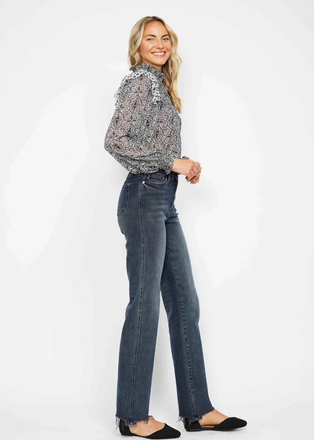 Judy Blue High Waist Button Fly Destroy Hem Straight Denim Jeans 88912