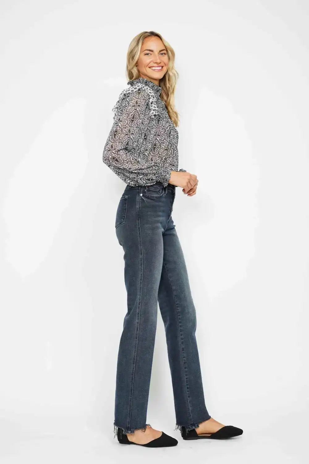 Judy Blue High Waist Button Fly Destroy Hem Straight Denim Jeans 88912 - Sleekdenim.com