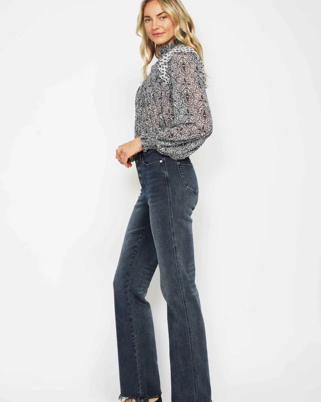 Judy Blue High Waist Button Fly Destroy Hem Straight Denim Jeans 88912