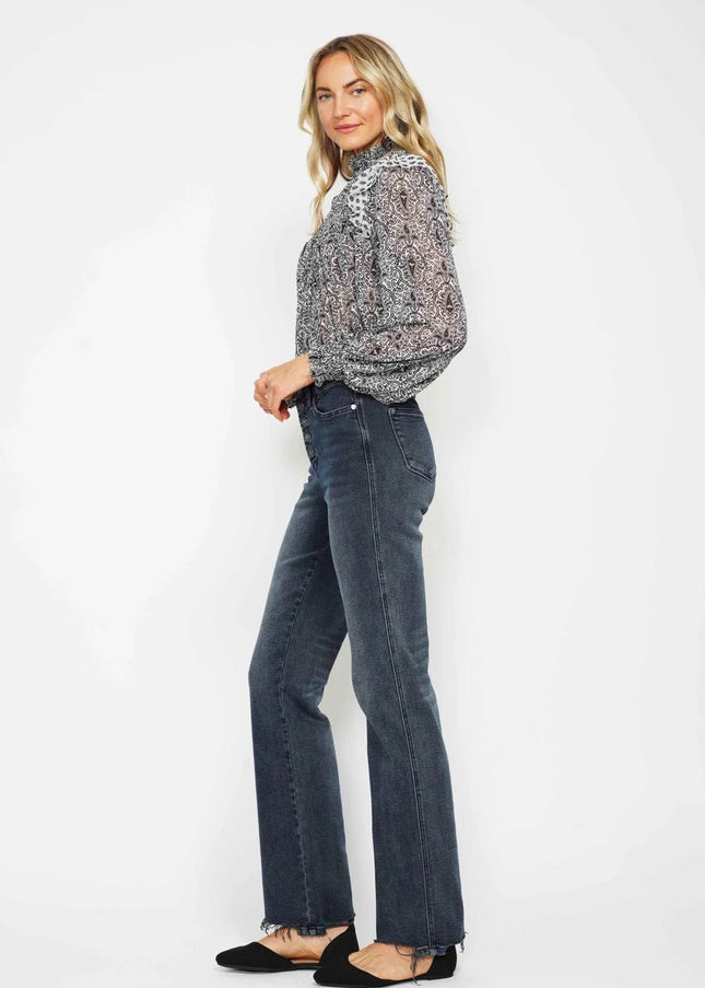 Judy Blue High Waist Button Fly Destroy Hem Straight Denim Jeans 88912