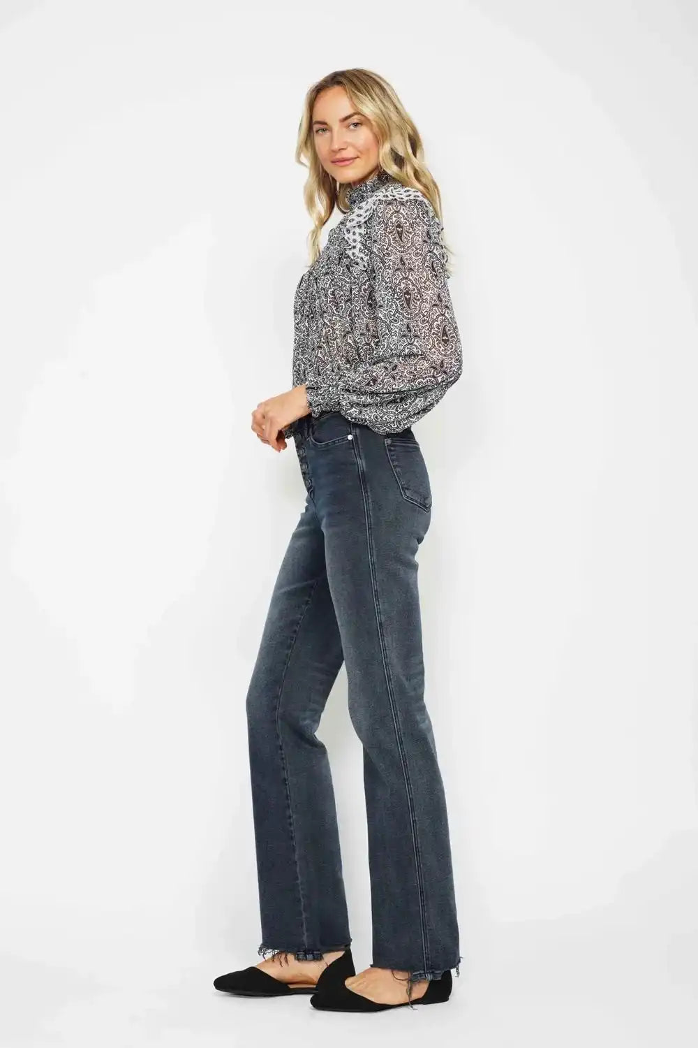 Judy Blue High Waist Button Fly Destroy Hem Straight Denim Jeans 88912 - Sleekdenim.com