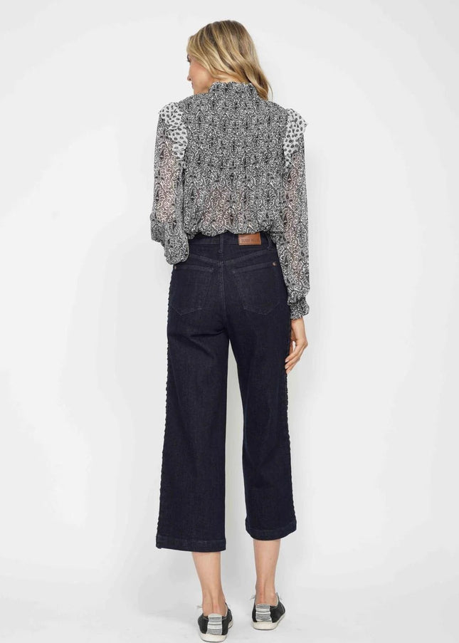 Judy Blue High Waist Side Seam Braid Detail Wide Leg Crop Denim Jeans 88851