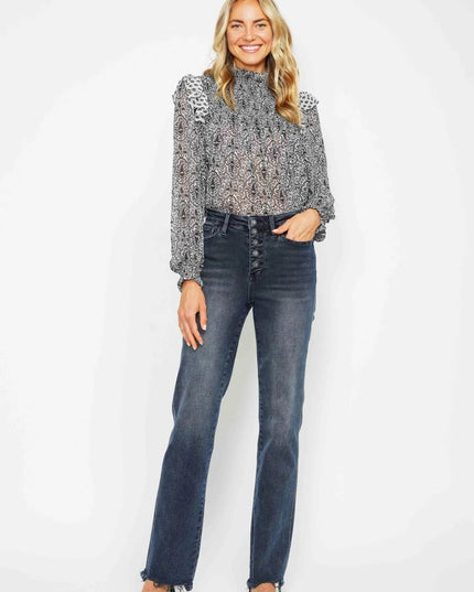 Judy Blue High Waist Button Fly Destroy Hem Straight Denim Jeans 88912