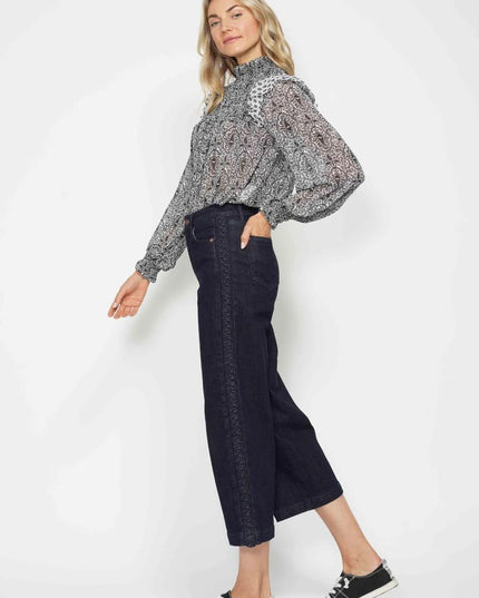 Judy Blue High Waist Side Seam Braid Detail Wide Leg Crop Denim Jeans 88851