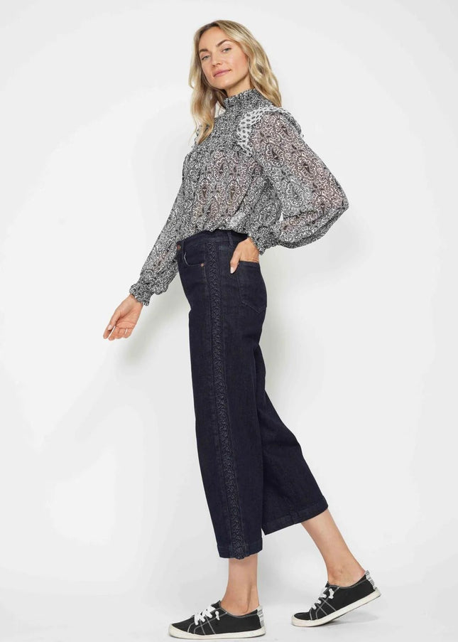 Judy Blue High Waist Side Seam Braid Detail Wide Leg Crop Denim Jeans 88851