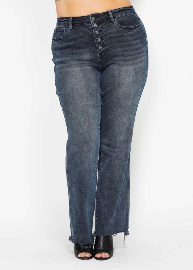 Judy Blue High Waist Button Fly Destroy Hem Straight Denim Jeans 88912