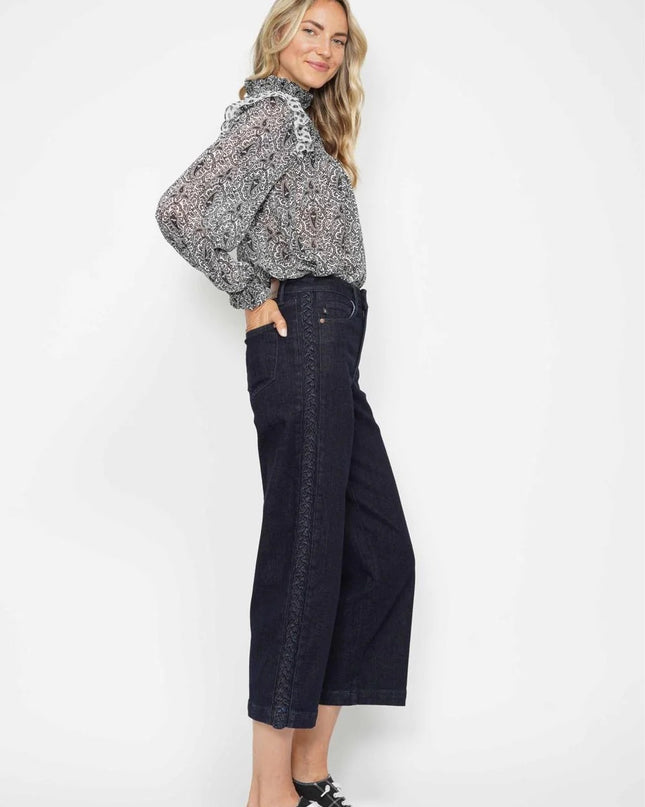 Judy Blue High Waist Side Seam Braid Detail Wide Leg Crop Denim Jeans 88851