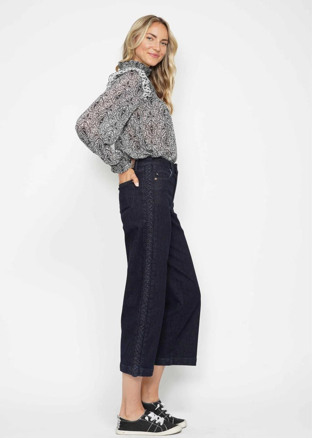 Judy Blue High Waist Side Seam Braid Detail Wide Leg Crop Denim Jeans 88851
