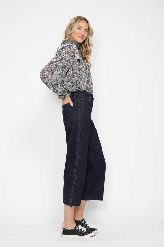 Judy Blue High Waist Side Seam Braid Detail Wide Leg Crop Denim Jeans 88851
