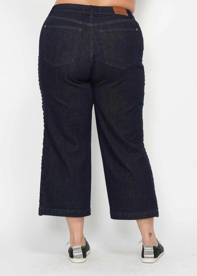 Judy Blue High Waist Side Seam Braid Detail Wide Leg Crop Denim Jeans 88851