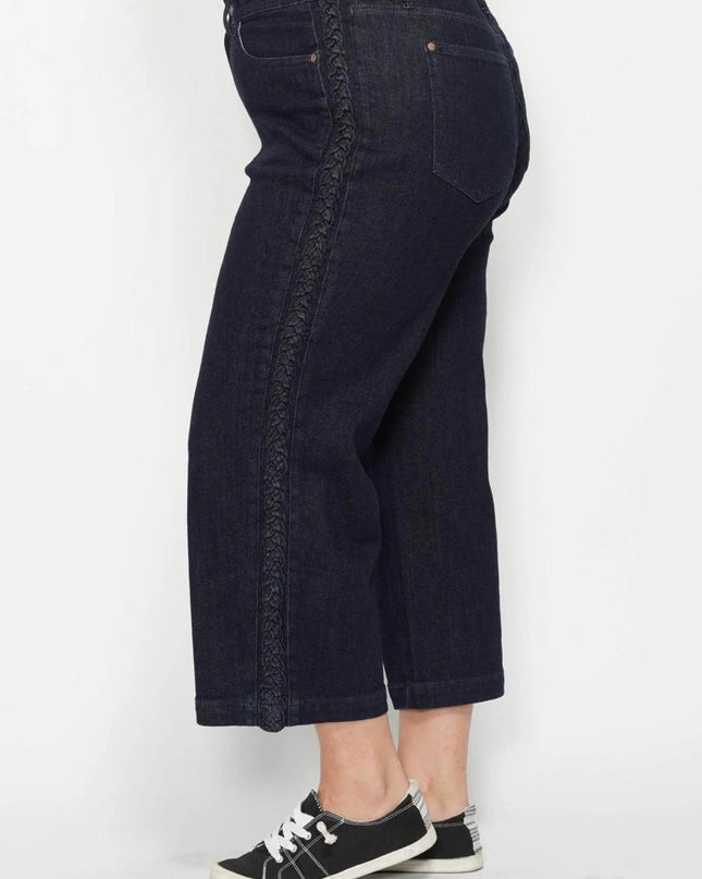 Judy Blue High Waist Side Seam Braid Detail Wide Leg Crop Denim Jeans 88851