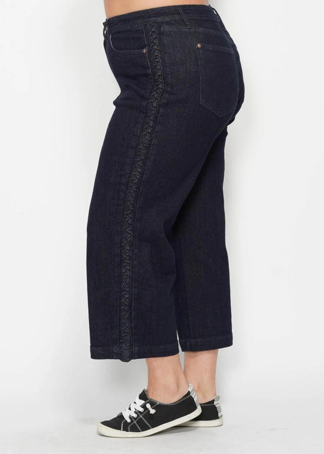 Judy Blue High Waist Side Seam Braid Detail Wide Leg Crop Denim Jeans 88851