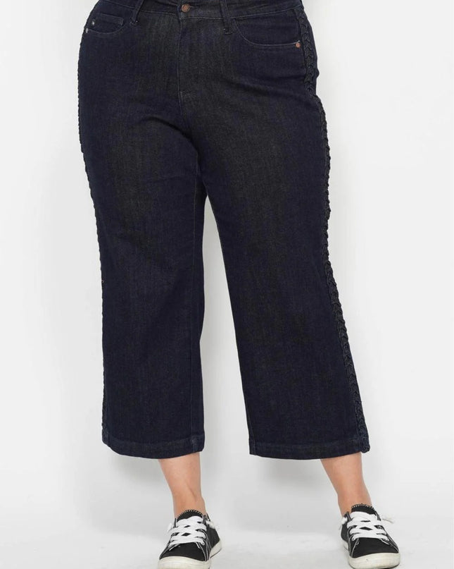 Judy Blue High Waist Side Seam Braid Detail Wide Leg Crop Denim Jeans 88851