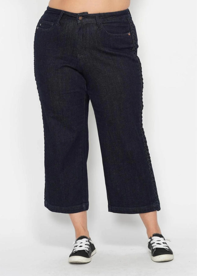 Judy Blue High Waist Side Seam Braid Detail Wide Leg Crop Denim Jeans 88851