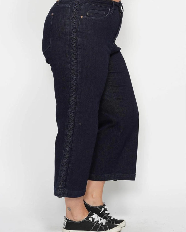 Judy Blue High Waist Side Seam Braid Detail Wide Leg Crop Denim Jeans 88851
