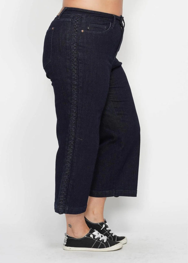 Judy Blue High Waist Side Seam Braid Detail Wide Leg Crop Denim Jeans 88851