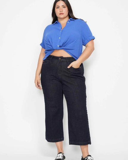 Judy Blue High Waist Side Seam Braid Detail Wide Leg Crop Denim Jeans 88851