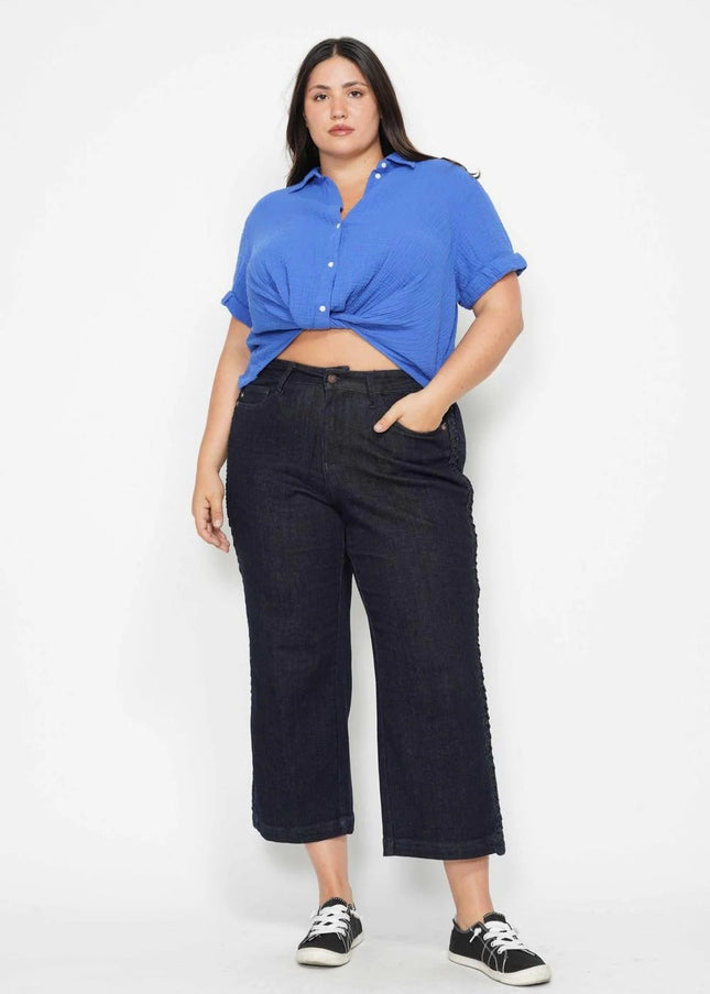 Judy Blue High Waist Side Seam Braid Detail Wide Leg Crop Denim Jeans 88851