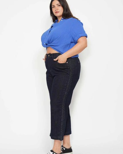 Judy Blue High Waist Side Seam Braid Detail Wide Leg Crop Denim Jeans 88851