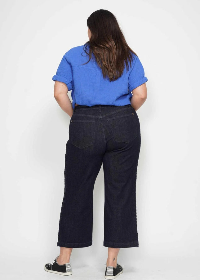 Judy Blue High Waist Side Seam Braid Detail Wide Leg Crop Denim Jeans 88851