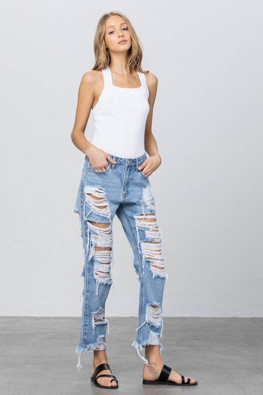 INSANE GENE HEAVY DESTROYED STRAIGHT LEG JEANS - Sleekdenim.com