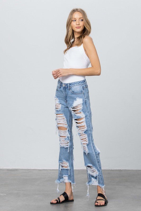 INSANE GENE HEAVY DESTROYED STRAIGHT LEG JEANS - Sleekdenim.com