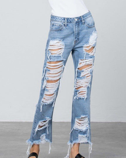 INSANE GENE HEAVY DESTROYED STRAIGHT LEG JEANS - Sleekdenim.com