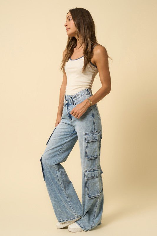 INSANE GENE HIGH RISE CROSSOVER RELAXED WIDE LEG CARGO JEANS - Sleekdenim.com
