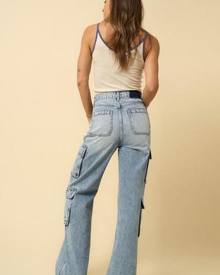 INSANE GENE HIGH RISE CROSSOVER RELAXED WIDE LEG CARGO JEANS - Sleekdenim.com