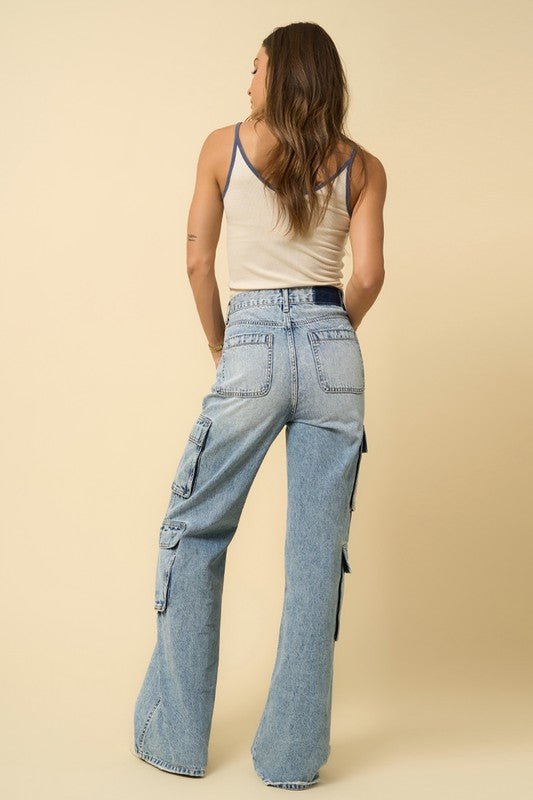INSANE GENE HIGH RISE CROSSOVER RELAXED WIDE LEG CARGO JEANS - Sleekdenim.com