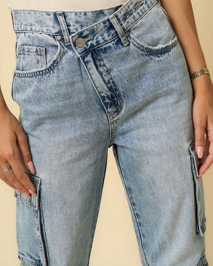 INSANE GENE HIGH RISE CROSSOVER RELAXED WIDE LEG CARGO JEANS - Sleekdenim.com