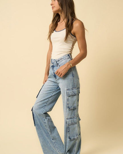 INSANE GENE HIGH RISE CROSSOVER RELAXED WIDE LEG CARGO JEANS - Sleekdenim.com