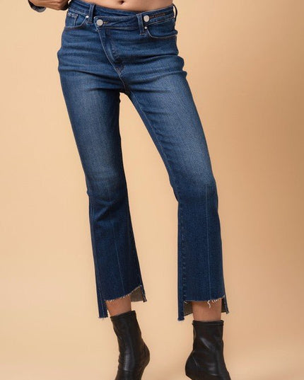 INSANE GENE HIGH RISE CROSSOVER STEP HEM CROP BOOTCUT JEANS - Sleekdenim.com