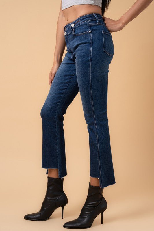 INSANE GENE HIGH RISE CROSSOVER STEP HEM CROP BOOTCUT JEANS - Sleekdenim.com