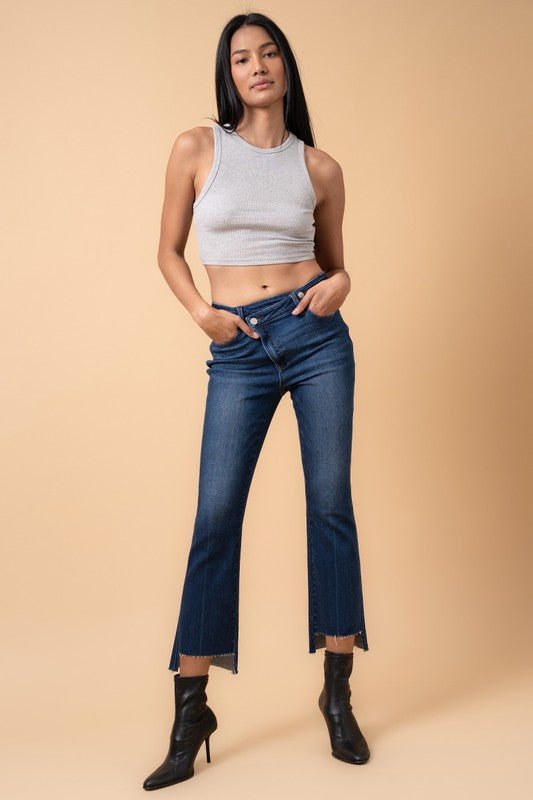 INSANE GENE HIGH RISE CROSSOVER STEP HEM CROP BOOTCUT JEANS - Sleekdenim.com