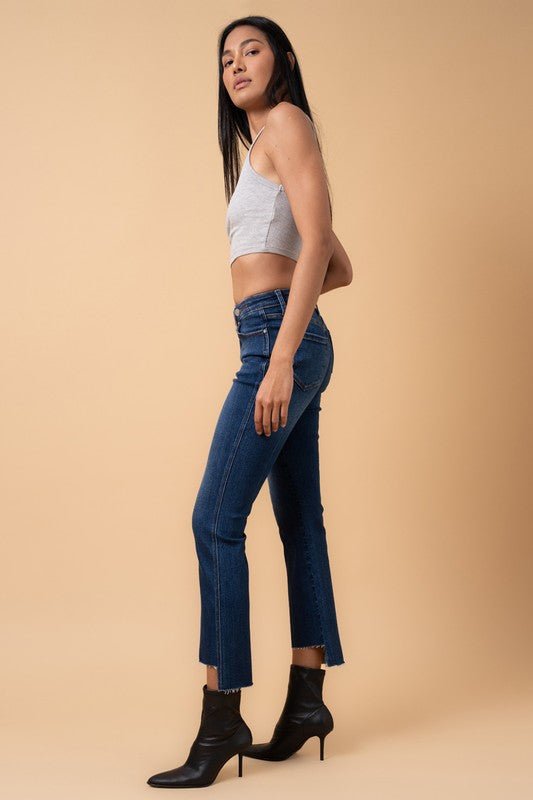 INSANE GENE HIGH RISE CROSSOVER STEP HEM CROP BOOTCUT JEANS - Sleekdenim.com