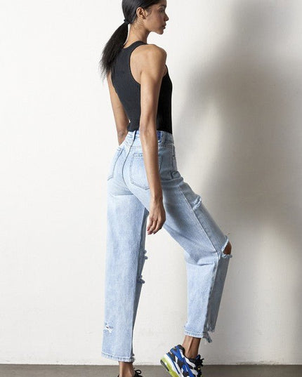 INSANE GENE HIGH RISE DESTROYED ANKLE LENGTH STRAIGHT LEG JEANS - Sleekdenim.com