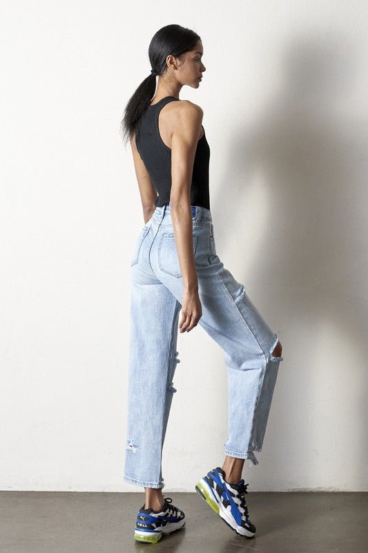 INSANE GENE HIGH RISE DESTROYED ANKLE LENGTH STRAIGHT LEG JEANS - Sleekdenim.com