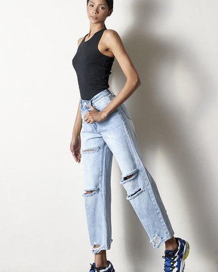 INSANE GENE HIGH RISE DESTROYED ANKLE LENGTH STRAIGHT LEG JEANS - Sleekdenim.com