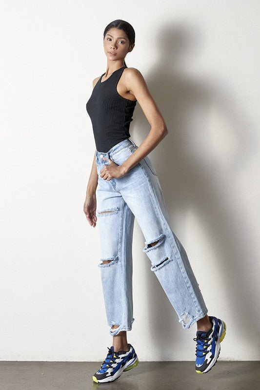 INSANE GENE HIGH RISE DESTROYED ANKLE LENGTH STRAIGHT LEG JEANS - Sleekdenim.com