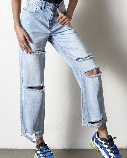INSANE GENE HIGH RISE DESTROYED ANKLE LENGTH STRAIGHT LEG JEANS - Sleekdenim.com