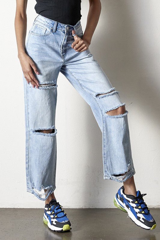 INSANE GENE HIGH RISE DESTROYED ANKLE LENGTH STRAIGHT LEG JEANS - Sleekdenim.com