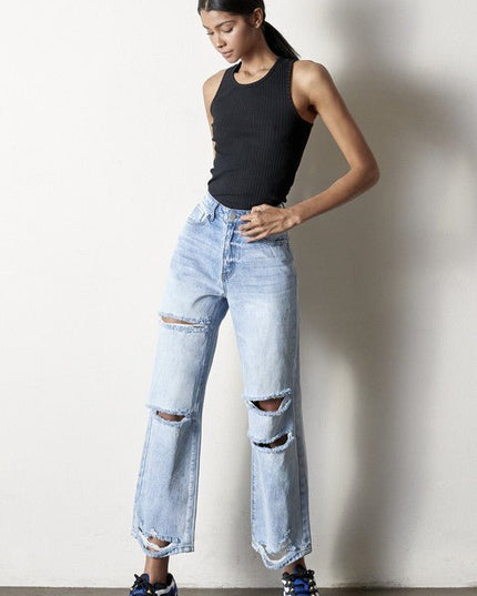 INSANE GENE HIGH RISE DESTROYED ANKLE LENGTH STRAIGHT LEG JEANS - Sleekdenim.com