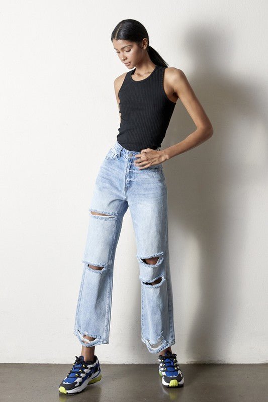 INSANE GENE HIGH RISE DESTROYED ANKLE LENGTH STRAIGHT LEG JEANS - Sleekdenim.com