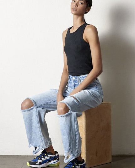 INSANE GENE HIGH RISE DESTROYED ANKLE LENGTH STRAIGHT LEG JEANS - Sleekdenim.com
