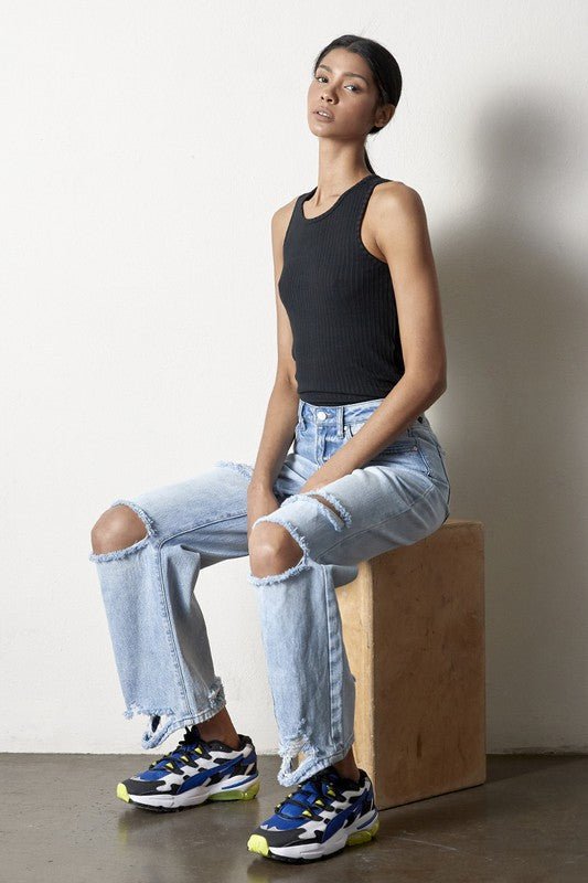 INSANE GENE HIGH RISE DESTROYED ANKLE LENGTH STRAIGHT LEG JEANS - Sleekdenim.com