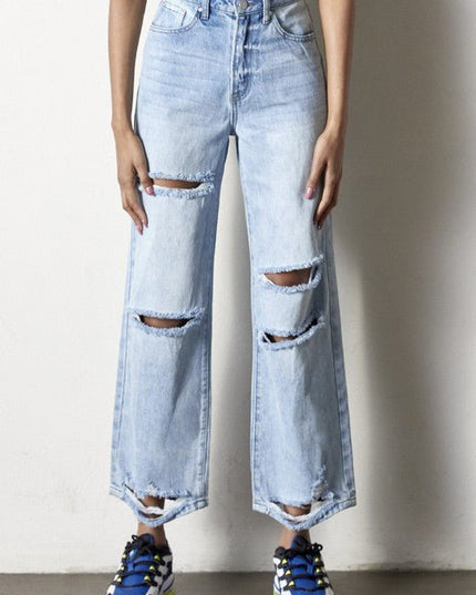 INSANE GENE HIGH RISE DESTROYED ANKLE LENGTH STRAIGHT LEG JEANS - Sleekdenim.com