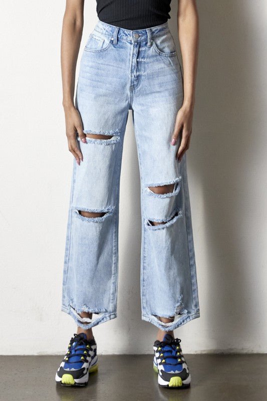 INSANE GENE HIGH RISE DESTROYED ANKLE LENGTH STRAIGHT LEG JEANS - Sleekdenim.com