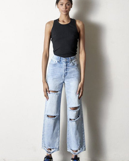 INSANE GENE HIGH RISE DESTROYED ANKLE LENGTH STRAIGHT LEG JEANS - Sleekdenim.com