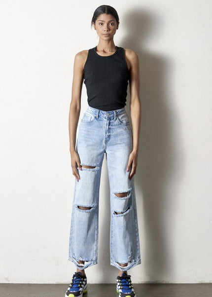 INSANE GENE HIGH RISE DESTROYED ANKLE LENGTH STRAIGHT LEG JEANS - Sleekdenim.com